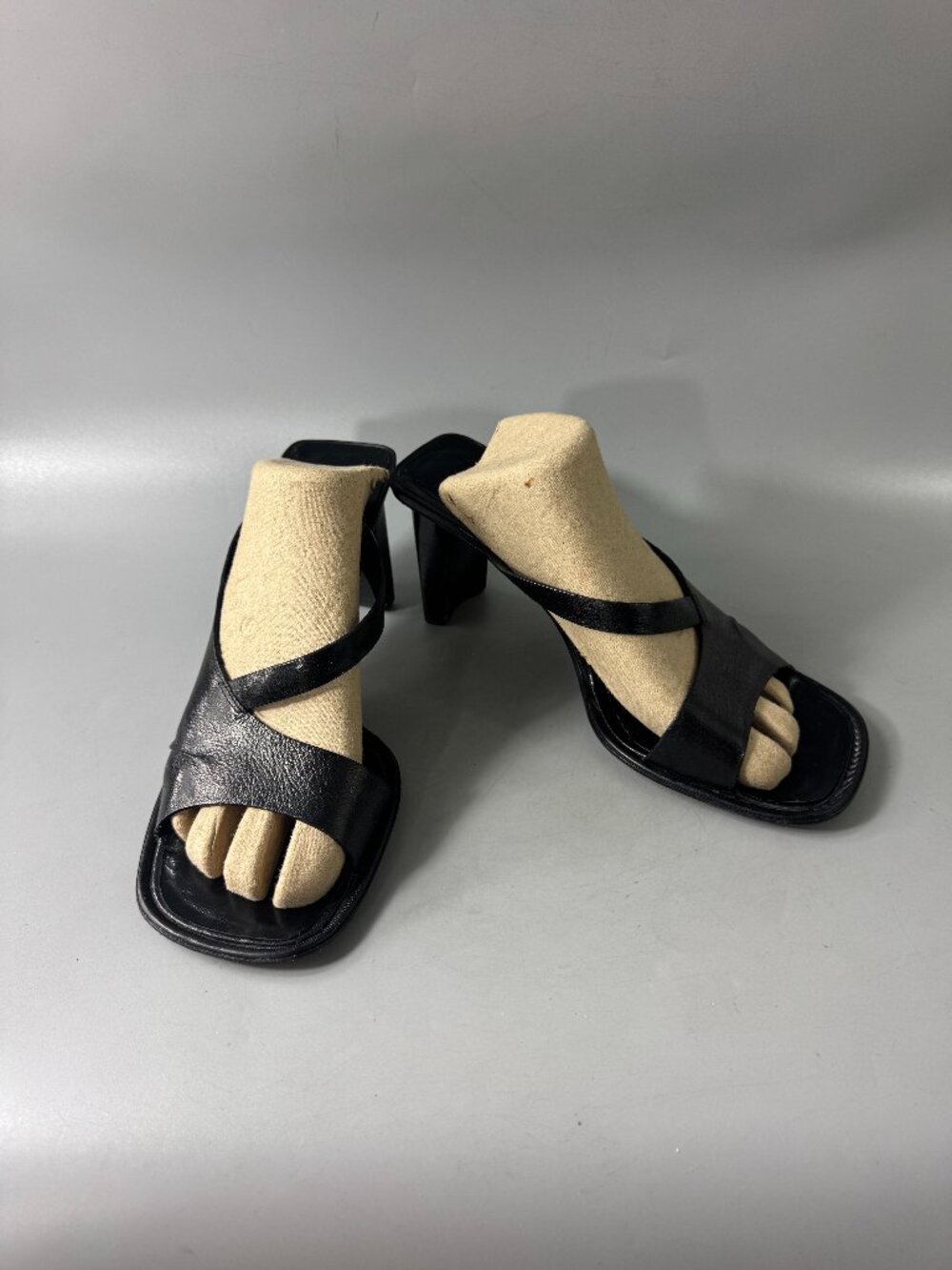 Costume National Black Leather Squared Open-toe Heel Sandal, Size 39